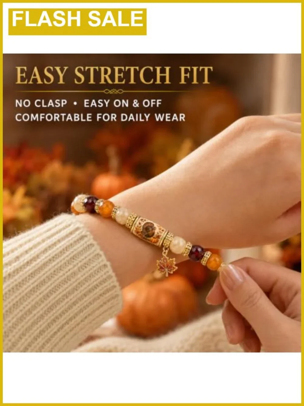10mm Natural Stone Beaded Stretch Bracelet Pumpkin Maple Leaf Charm
